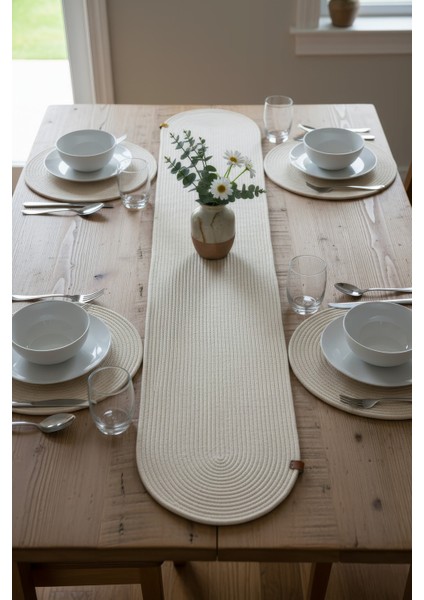 Jutty Hasır Görünümlü 5 Parça Jüt Masa Takımı Düz Krem – 4’lü Amerikan Servis Supla + 1 Runner