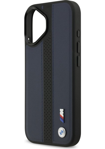 iPhone 17 Uyumlu Kılıf Bmw Lisanslı M-Safeli Deri Metal Logolu Delikli Şerit Tasarım Kapak Lacivert