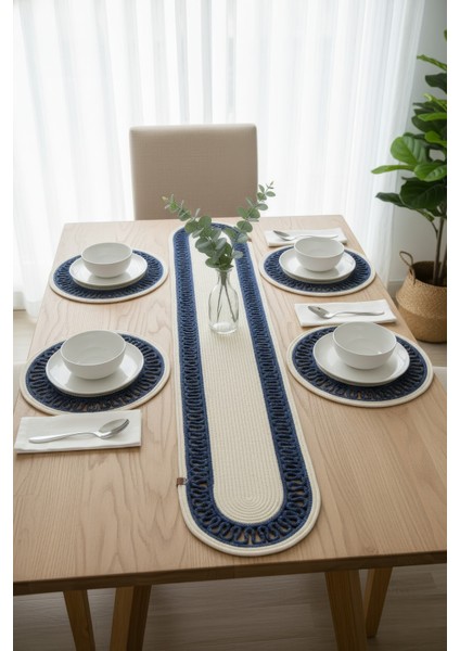 Jutty Hasır Görünümlü 5 Parça Jüt Masa Takımı Örgü Lacivert Krem 4’lü Amerikan Servis Supla 1 Runner