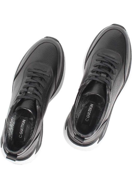 Erkek Siyah Bağcıklı Kalın Tabanlı Deri Sneaker