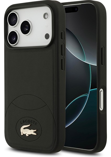 iPhone 17 Pro Uyumlu Kılıf Lacoste Lisanslı M-Safe Şarj Özellikli Pu Deri Metal Logolu Kapak Siyah
