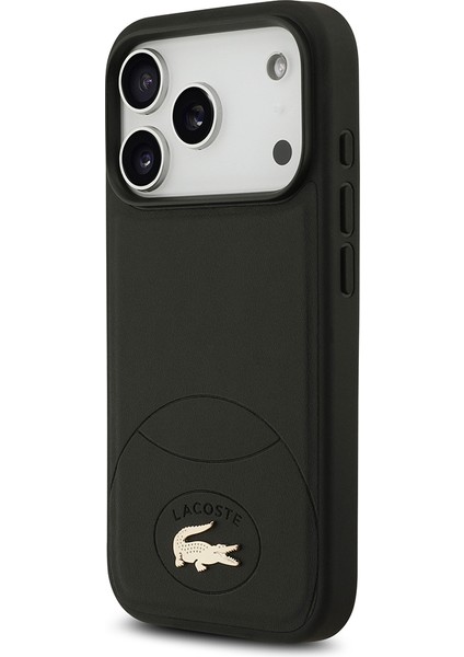 iPhone 17 Pro Uyumlu Kılıf Lacoste Lisanslı M-Safe Şarj Özellikli Pu Deri Metal Logolu Kapak Siyah