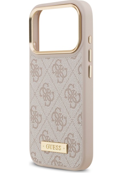 iPhone 17 Pro Uyumlu Kılıf Guess Lisanslı M-Safeli 4g Desenli Pu Metal Plaka Klasik Logolu Pembe