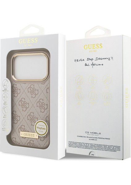 iPhone 17 Pro Uyumlu Kılıf Guess Lisanslı M-Safeli 4g Desenli Pu Metal Plaka Klasik Logolu Pembe