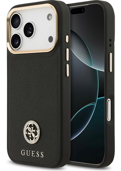 iPhone 17 Pro Uyumlu Kılıf Guess Lisanslı M-Safeli Grained Yazı ve Taşlı 4g Logolu Kapak Siyah
