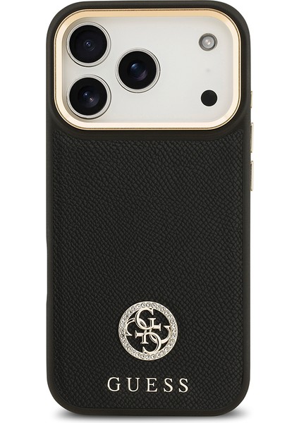 iPhone 17 Pro Uyumlu Kılıf Guess Lisanslı M-Safeli Grained Yazı ve Taşlı 4g Logolu Kapak Siyah modelleri