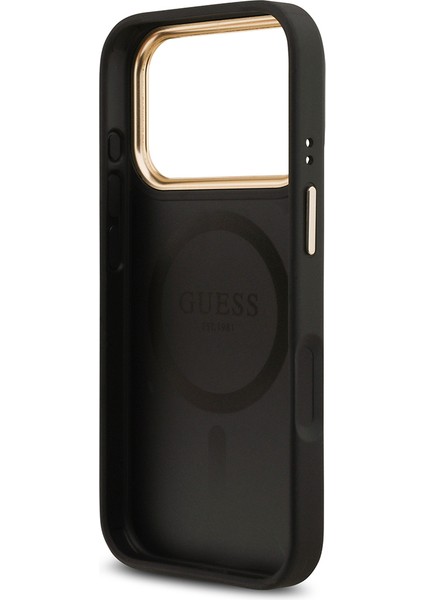iPhone 17 Pro Uyumlu Kılıf Guess Lisanslı M-Safeli Grained Yazı ve Taşlı 4g Logolu Kapak Siyah