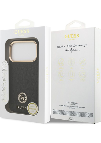 iPhone 17 Pro Uyumlu Kılıf Guess Lisanslı M-Safeli Grained Yazı ve Taşlı 4g Logolu Kapak Siyah