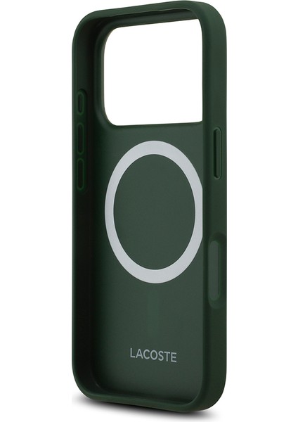 iPhone 17 Pro Uyumlu Kılıf Lacoste Lisanslı M-Safe Şarj Özellikli Pu Deri Metal Logolu Kapak Yeşil