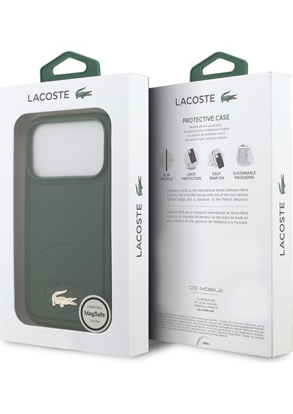 iPhone 17 Pro Uyumlu Kılıf Lacoste Lisanslı M-Safe Şarj Özellikli Pu Deri Metal Logolu Kapak Yeşil