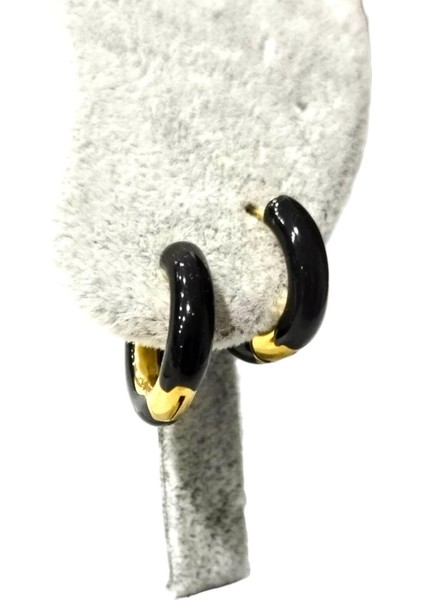 Kadın Çelik Siyah Mineli Halka Küpe Altın Renk