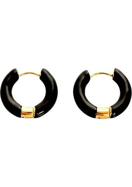 Kadın Çelik Siyah Mineli Halka Küpe Altın Renk fırsatları