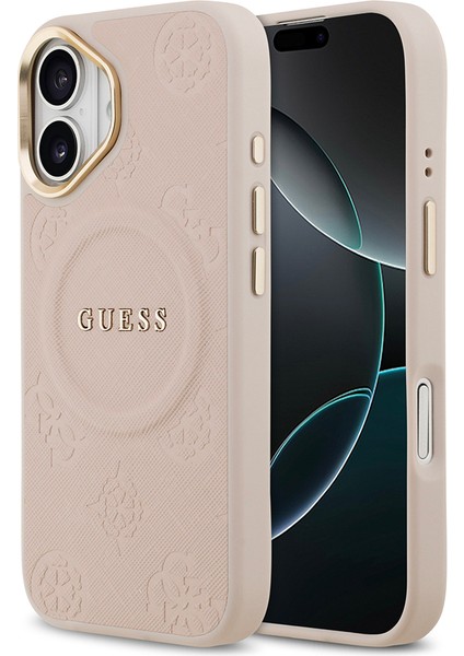 iPhone 17 Uyumlu Kılıf Guess Lisanslı M-Safeli Sıcak Baskılı Yazı Logolu Pu Deri Peony Kapak Pembe