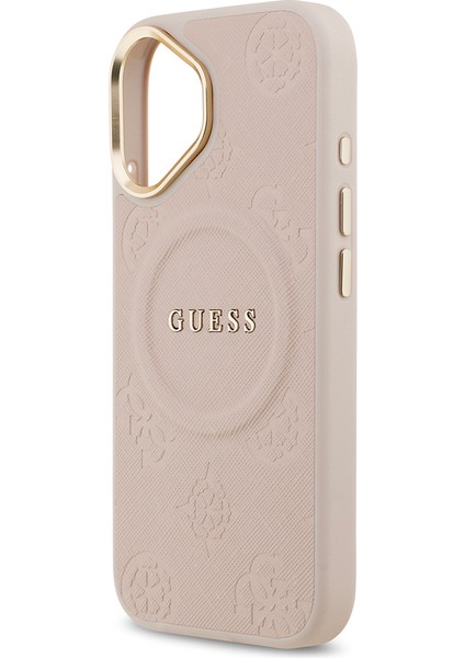 iPhone 17 Uyumlu Kılıf Guess Lisanslı M-Safeli Sıcak Baskılı Yazı Logolu Pu Deri Peony Kapak Pembe