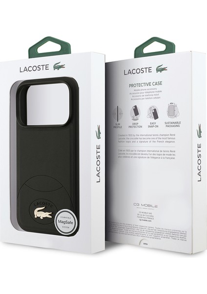 iPhone 17 Pro Uyumlu Kılıf Lacoste Lisanslı M-Safe Şarj Özellikli Pu Deri Metal Logolu Kapak Siyah