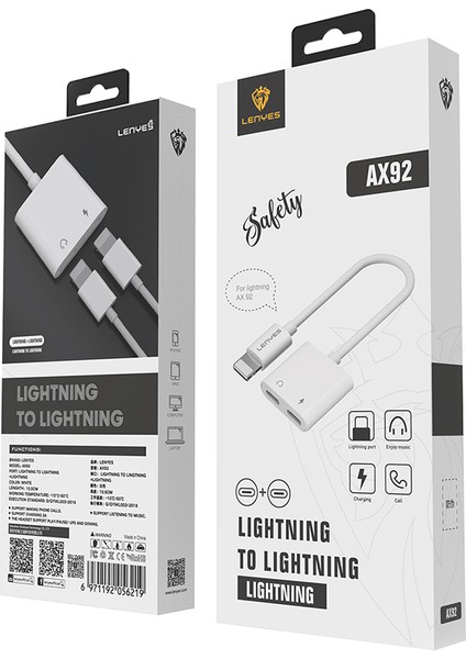 AX92 Lightning To Lightning 2in1 Şarj ve Kulaklık Dönüştürücü Adaptör Beyaz