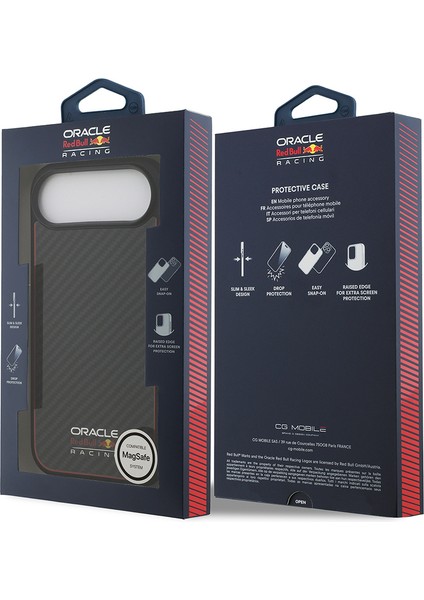 iPhone 17 Air Kılıf Redbull Lisanslı M-Safeli Karbon Fiber Parlayan Logolu Kevlar Kapak Siyah