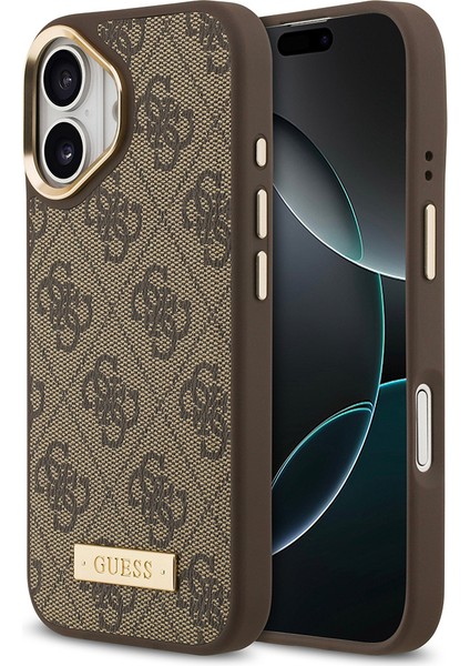 iPhone 17 Uyumlu Kılıf Guess Lisanslı M-Safeli 4g Desenli Pu Metal Plaka Klasik Logolu Kahverengi