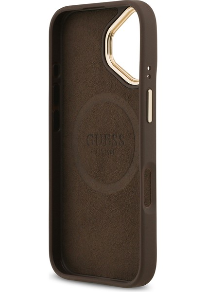 iPhone 17 Uyumlu Kılıf Guess Lisanslı M-Safeli 4g Desenli Pu Metal Plaka Klasik Logolu Kahverengi