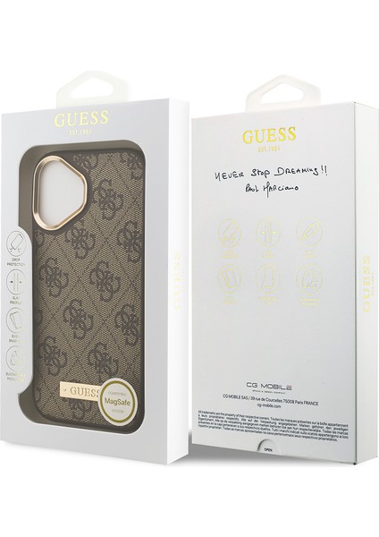 iPhone 17 Uyumlu Kılıf Guess Lisanslı M-Safeli 4g Desenli Pu Metal Plaka Klasik Logolu Kahverengi