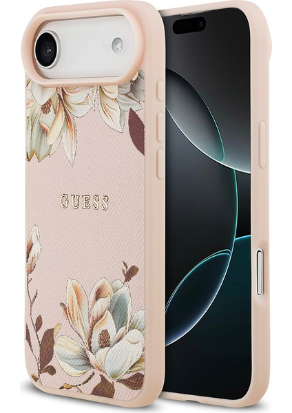 iPhone 17 Air Uyumlu Kılıf Guess Lisanslı M-Safeli Taneli Çiçek Tasarımlı Metal Yazı Logolu Pembe