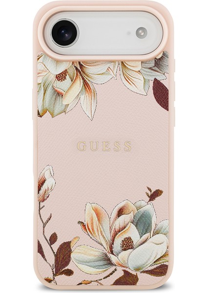 iPhone 17 Air Uyumlu Kılıf Guess Lisanslı M-Safeli Taneli Çiçek Tasarımlı Metal Yazı Logolu Pembe modelleri
