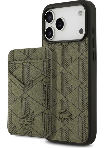 iPhone 17 Pro Max Kılıf Lacoste Lisanslı M-Safeli Pu Deri Kartlıklı Karışık Monogram Desenli Yeşil