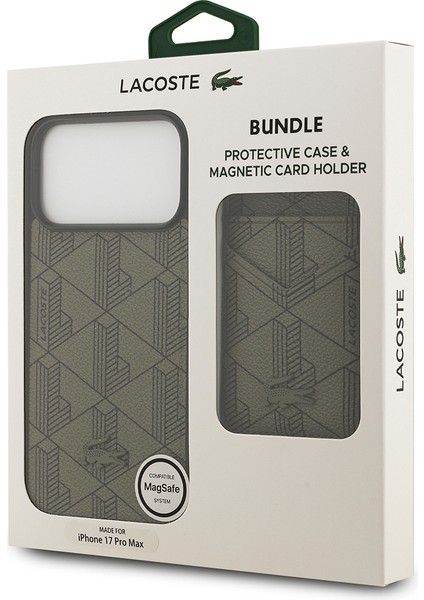 iPhone 17 Pro Max Kılıf Lacoste Lisanslı M-Safeli Pu Deri Kartlıklı Karışık Monogram Desenli Yeşil