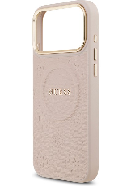 iPhone 17 Pro Max Uyumlu Kılıf Guess Lisanslı M-Safeli Sıcak Baskılı Yazı Logolu Pu Deri Peony Pembe