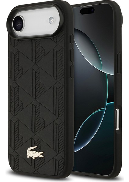 iPhone 17 Air Uyumlu Kılıf Lacoste Lisanslı M-Safeli Pu Deri Karışık Monogram Desenli Kapak Siyah