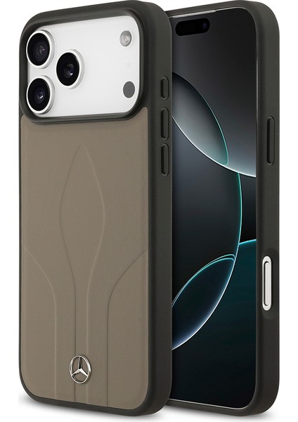 iPhone 17 Pro Max Uyumlu Kılıf Mercedes Benz Lisanslı M-Safeli Dokulu Desenli Deri Kapak Kahverengi