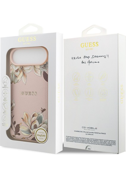 iPhone 17 Air Uyumlu Kılıf Guess Lisanslı M-Safeli Taneli Çiçek Tasarımlı Metal Yazı Logolu Pembe