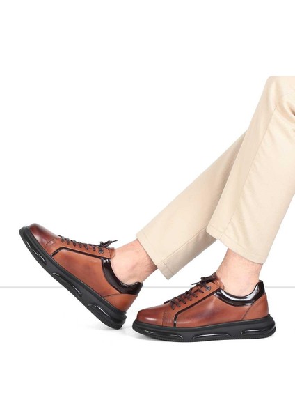 Erkek Taba Bağcıklı Kalın Tabanlı Deri Sneaker
