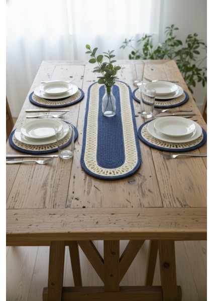 Jutty Hasır Görünümlü 5 Parça Jüt Masa Takımı Örgü Krem Lacivert 4’lü Amerikan Servis Supla 1 Runner