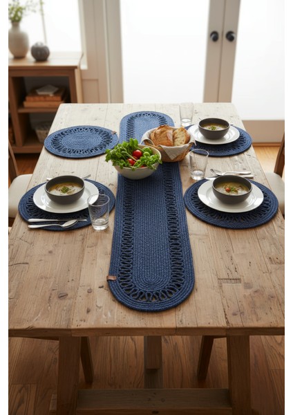 Jutty Hasır Görünümlü 5 Parça Jüt Masa Takımı Örgü Lacivert – 4’lü Amerikan Servis Supla + 1 Runner