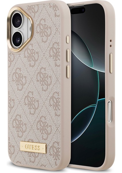 iPhone 17 Uyumlu Kılıf Guess Lisanslı M-Safeli 4g Desenli Pu Metal Plaka Klasik Logolu Kapak Pembe