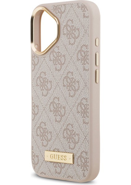 iPhone 17 Uyumlu Kılıf Guess Lisanslı M-Safeli 4g Desenli Pu Metal Plaka Klasik Logolu Kapak Pembe