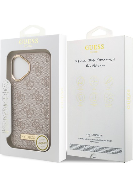 iPhone 17 Uyumlu Kılıf Guess Lisanslı M-Safeli 4g Desenli Pu Metal Plaka Klasik Logolu Kapak Pembe