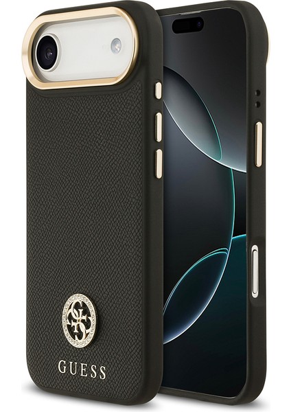 iPhone 17 Air Uyumlu Kılıf Guess Lisanslı M-Safeli Grained Yazı ve Taşlı 4g Logolu Kapak Siyah