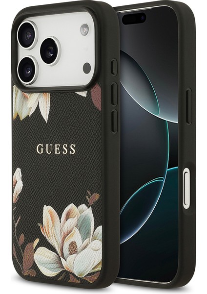iPhone 17 Pro Uyumlu Kılıf Guess Lisanslı M-Safeli Taneli Çiçek Tasarımlı Metal Yazı Logolu Siyah