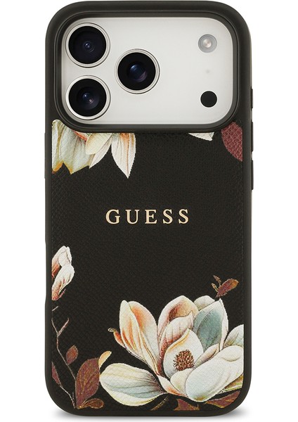 iPhone 17 Pro Uyumlu Kılıf Guess Lisanslı M-Safeli Taneli Çiçek Tasarımlı Metal Yazı Logolu Siyah modelleri