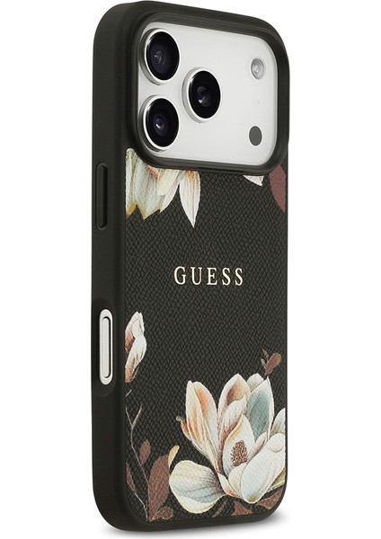 iPhone 17 Pro Uyumlu Kılıf Guess Lisanslı M-Safeli Taneli Çiçek Tasarımlı Metal Yazı Logolu Siyah fırsatları