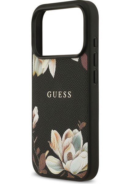 iPhone 17 Pro Uyumlu Kılıf Guess Lisanslı M-Safeli Taneli Çiçek Tasarımlı Metal Yazı Logolu Siyah