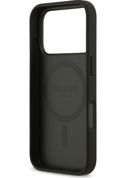 iPhone 17 Pro Uyumlu Kılıf Guess Lisanslı M-Safeli Taneli Çiçek Tasarımlı Metal Yazı Logolu Siyah