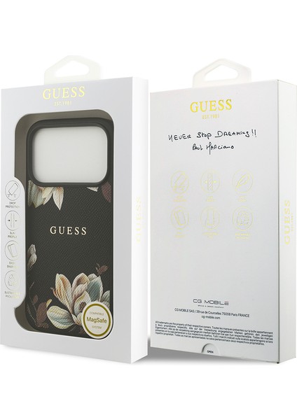 iPhone 17 Pro Uyumlu Kılıf Guess Lisanslı M-Safeli Taneli Çiçek Tasarımlı Metal Yazı Logolu Siyah