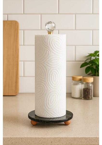 Peçetelik Kristal Toplu Altın Çubuklu Yuvarlak Siyah Cam - Ahşap Ayaklı Kağıt Havluluk