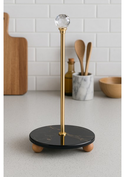 Peçetelik Kristal Toplu Altın Çubuklu Yuvarlak Siyah Cam - Ahşap Ayaklı Kağıt Havluluk modelleri