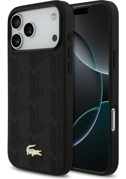 iPhone 17 Pro Max Uyumlu Kılıf Lacoste Lisanslı M-Safeli Pu Deri Karışık Monogram Desenli Siyah