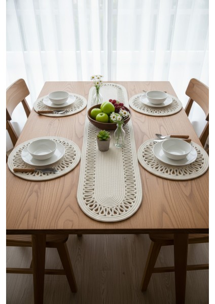 Jutty Hasır Görünümlü 5 Parça Jüt Masa Takımı Örgü Krem – 4’lü Amerikan Servis Supla + 1 Runner