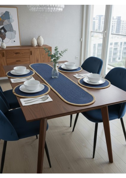 Jutty Hasır Görünümlü 5 Parça Jüt Masa Takımı Lacivert Natural 4’lü Amerikan Servis Supla 1 Runner